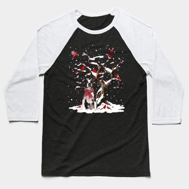 Black Boston Terrier Scarf Cardinal Snow Christmas Baseball T-Shirt by cogemma.art